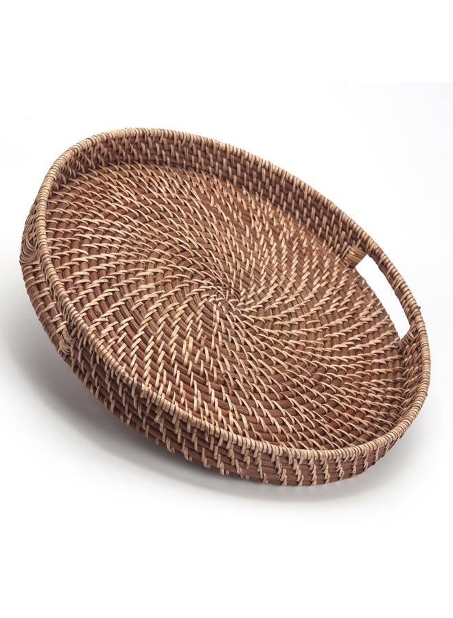DECRAFTS Round Rattan Woven Serving Tray with Handles Ottoman Tray for Breakfast, Drinks, Snacks for Coffee Table, Home Decorative (Honey Brown, 13.8"x2") - Image 1