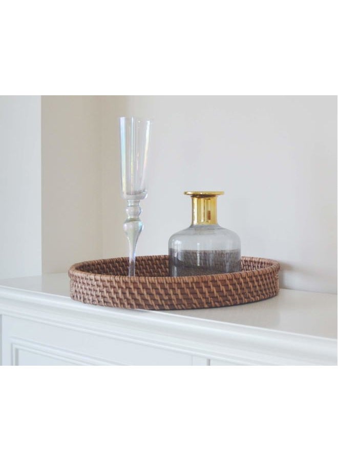 DECRAFTS Round Rattan Woven Serving Tray with Handles Ottoman Tray for Breakfast, Drinks, Snacks for Coffee Table, Home Decorative (Honey Brown, 13.8"x2") - Image 5