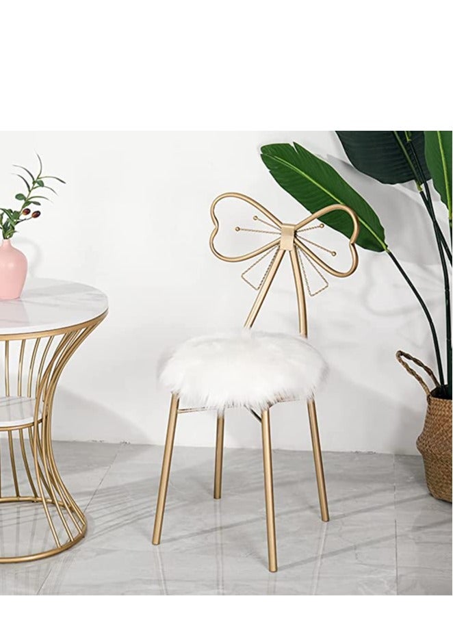 𝐅𝐅𝐃 Luxury Gold Makeup Chair with Faux Fur Cushion – Elegant Vanity Stool with Bow Tie Backrest, Sturdy Metal Frame, Non-Slip Feet – Stylish Accent Chair for Bedroom, Beauty Studio, Salon & Home Decor - Image 1
