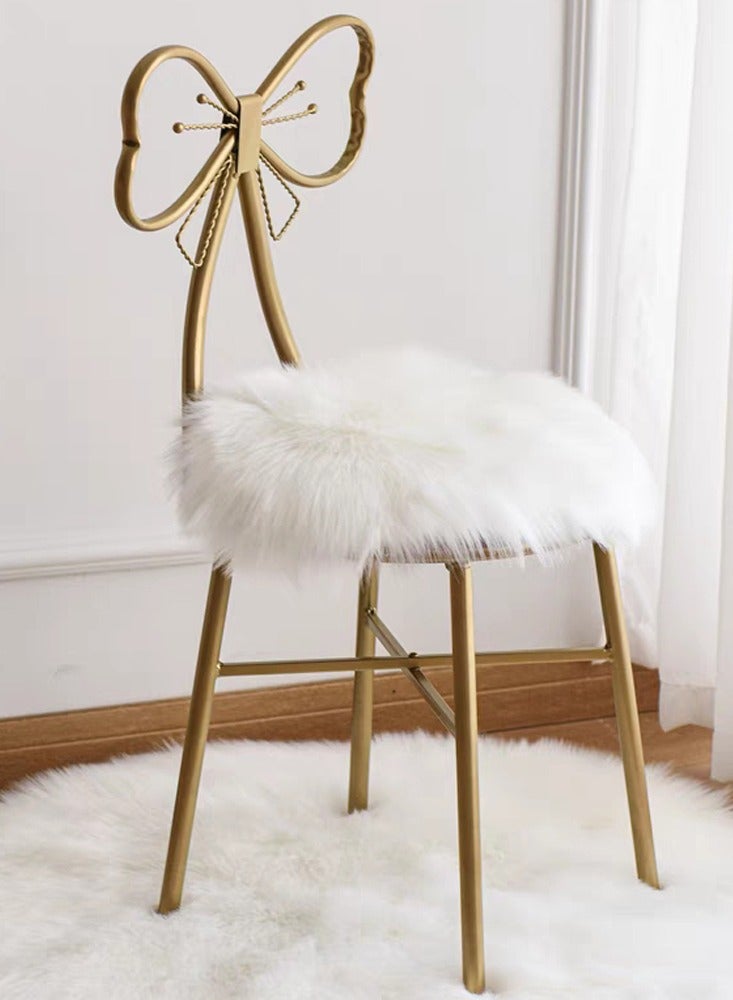 𝐅𝐅𝐃 Luxury Gold Makeup Chair with Faux Fur Cushion – Elegant Vanity Stool with Bow Tie Backrest, Sturdy Metal Frame, Non-Slip Feet – Stylish Accent Chair for Bedroom, Beauty Studio, Salon & Home Decor - Image 3