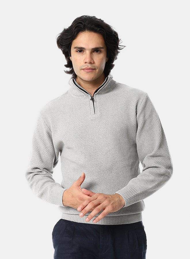 Andora Knitted Long Sleeves Round Collar Strpped Pullover_ Light Grey
