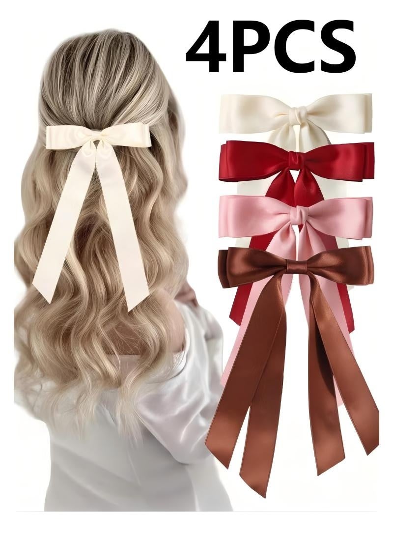 ٤ قطع من مشابك الشعر المصنوعة من الساتان الحريري، وأشرطة الشعر، ومشابك معدنية لتثبيت ذيل الحصان، وإكسسوارات شعر مزدوجة الشريط للنساء والفتيات الصغيرات والمراهقات. - Image 1