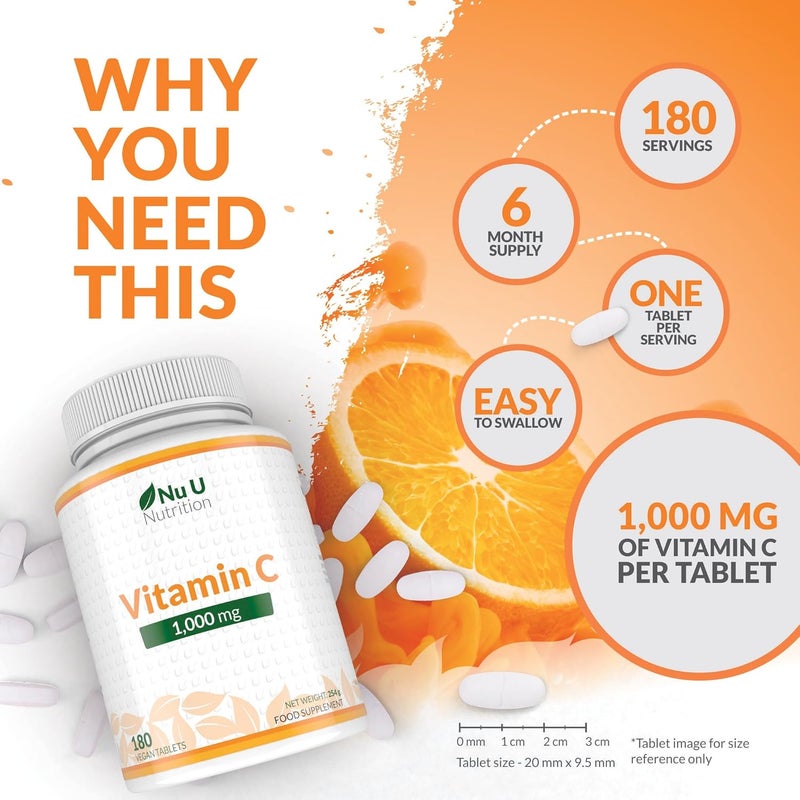 Nu U Nutrition Vitamin C 1000mg 180 Vegan Tablets 6 Month Supply High Strength Ascorbic Acid Supports Immune System Energy Collagen Formation EFSA Made in The UK - Image 4