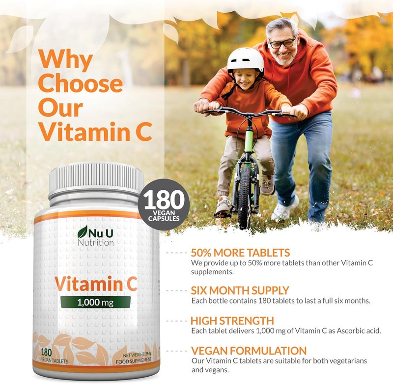 Nu U Nutrition Vitamin C 1000mg 180 Vegan Tablets 6 Month Supply High Strength Ascorbic Acid Supports Immune System Energy Collagen Formation EFSA Made in The UK - Image 3
