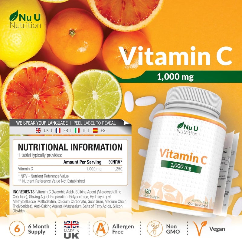 Nu U Nutrition Vitamin C 1000mg 180 Vegan Tablets 6 Month Supply High Strength Ascorbic Acid Supports Immune System Energy Collagen Formation EFSA Made in The UK - Image 2