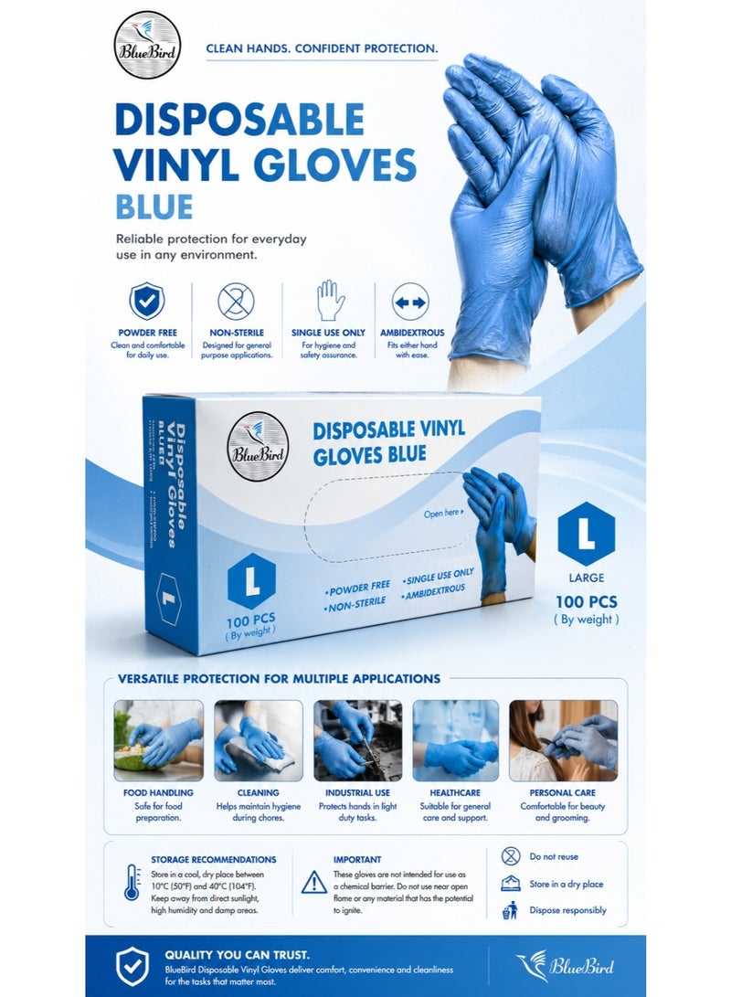 BlueBird Vinyl Gloves Pf  Blue Large ( 1Pkt x 100 Pcs) - Image 2