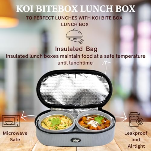 KOI Bitebox Set of 2 Horizontal Lunch Box, 2 Inner Steel Containers with BPA Free Lids(450 ml Each), Leak Proof & Microwave Safe, Insulated Fabric Bag, Easy to Carry (Beige) - Image 3