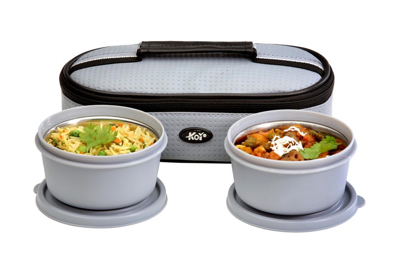 KOI Bitebox Set of 2 Horizontal Lunch Box, 2 Inner Steel Containers with BPA Free Lids(450 ml Each), Leak Proof & Microwave Safe, Insulated Fabric Bag, Easy to Carry (Beige) - Image 1