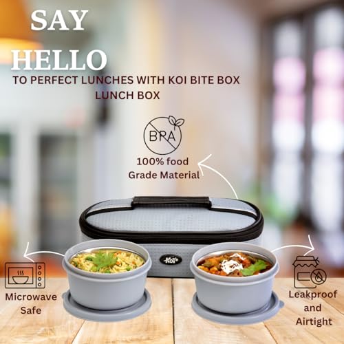 KOI Bitebox Set of 2 Horizontal Lunch Box, 2 Inner Steel Containers with BPA Free Lids(450 ml Each), Leak Proof & Microwave Safe, Insulated Fabric Bag, Easy to Carry (Beige) - Image 2