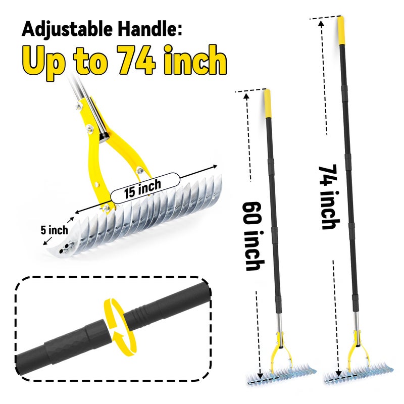 BlumeTrec Thatch Rake for Lawn with 74inch Handle, 15 inch Dethatcher Rake for Grass to Cleaning Dead Grass, Efficient Steel Metal Rake for Dethatching, Heavy Duty Thatching Rakes for Garden, Yard - Image 2