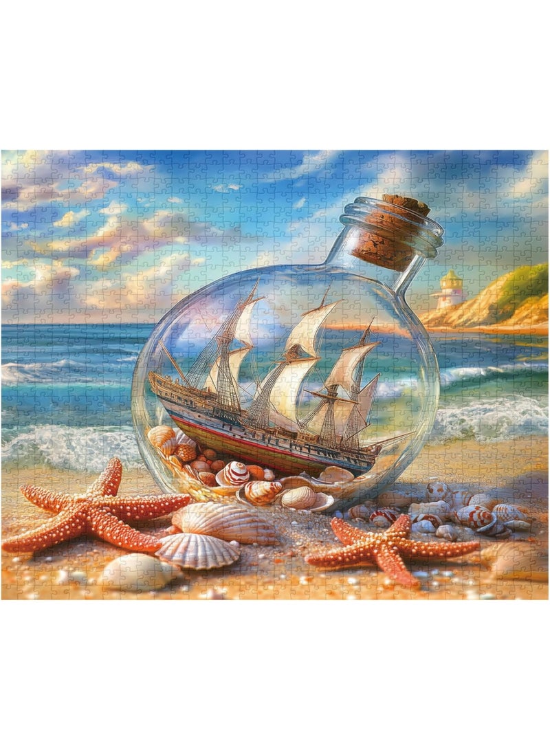 ألغاز شاطئية للكبار 1000 قطعة، جرة أصداف وقارب شراعي، أحجيات فنية، أحجية نجوم البحر الصيفية كفن جداري منزلي - Image 1