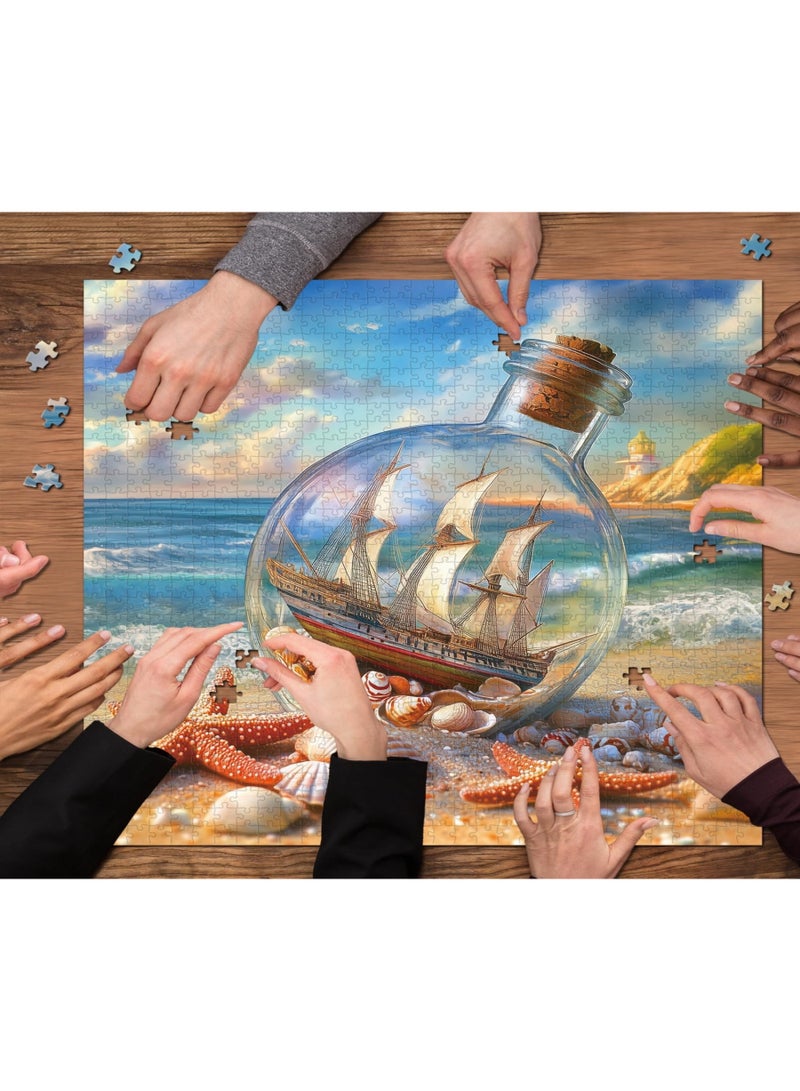 ألغاز شاطئية للكبار 1000 قطعة، جرة أصداف وقارب شراعي، أحجيات فنية، أحجية نجوم البحر الصيفية كفن جداري منزلي - Image 4