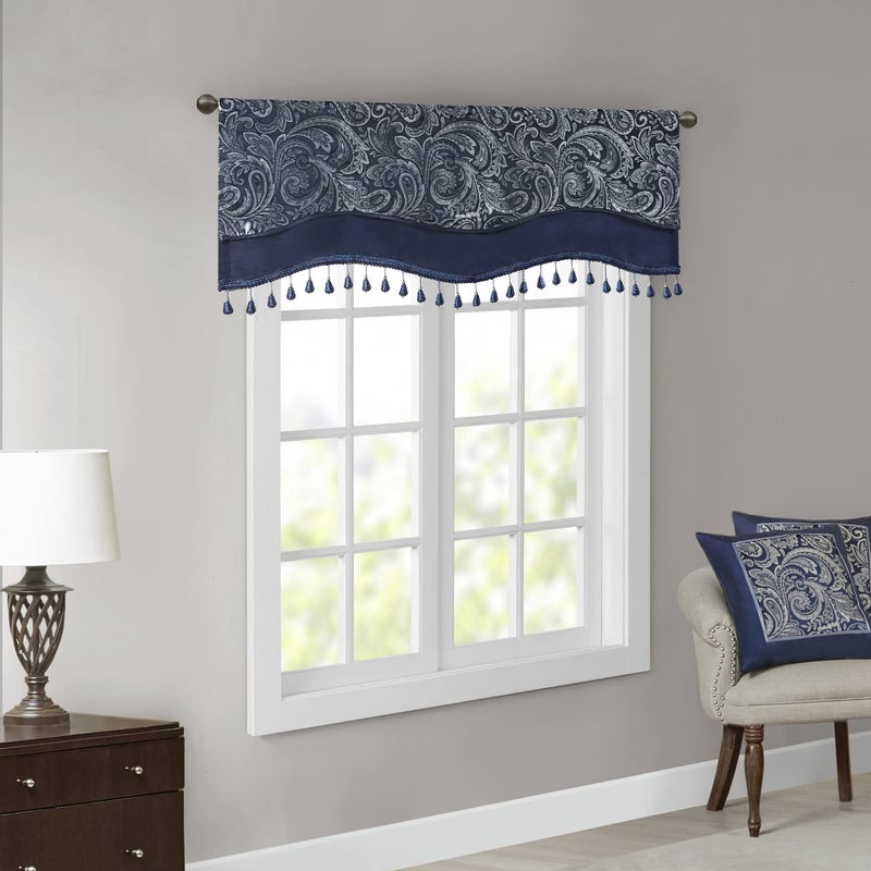 madison park Madison Park Faux Silk Paisley Jacquard Rod Pocket Curtain with Privacy Lining for Living Room Kitchen Bedroom and Dorm 50 in x 18 in Blue Bead Trim