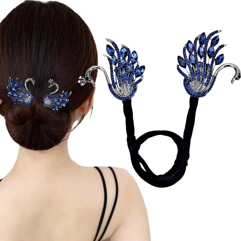 Rhinestone Swan Hair Bun Maker with Elegant Twist Crystal French Hairstyle and Ocean Blue Feather Hairpin Accessories for Women Girls