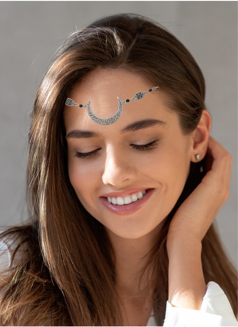 Estelle Moon Pattern Head Chain with Beads Versatile Hair Jewelry for Women Adjustable as Headband or Necklace Ideal for Parties Weddings and Casual Wear Elegant Silver  Black Crystal Droplets Design  - Image 1