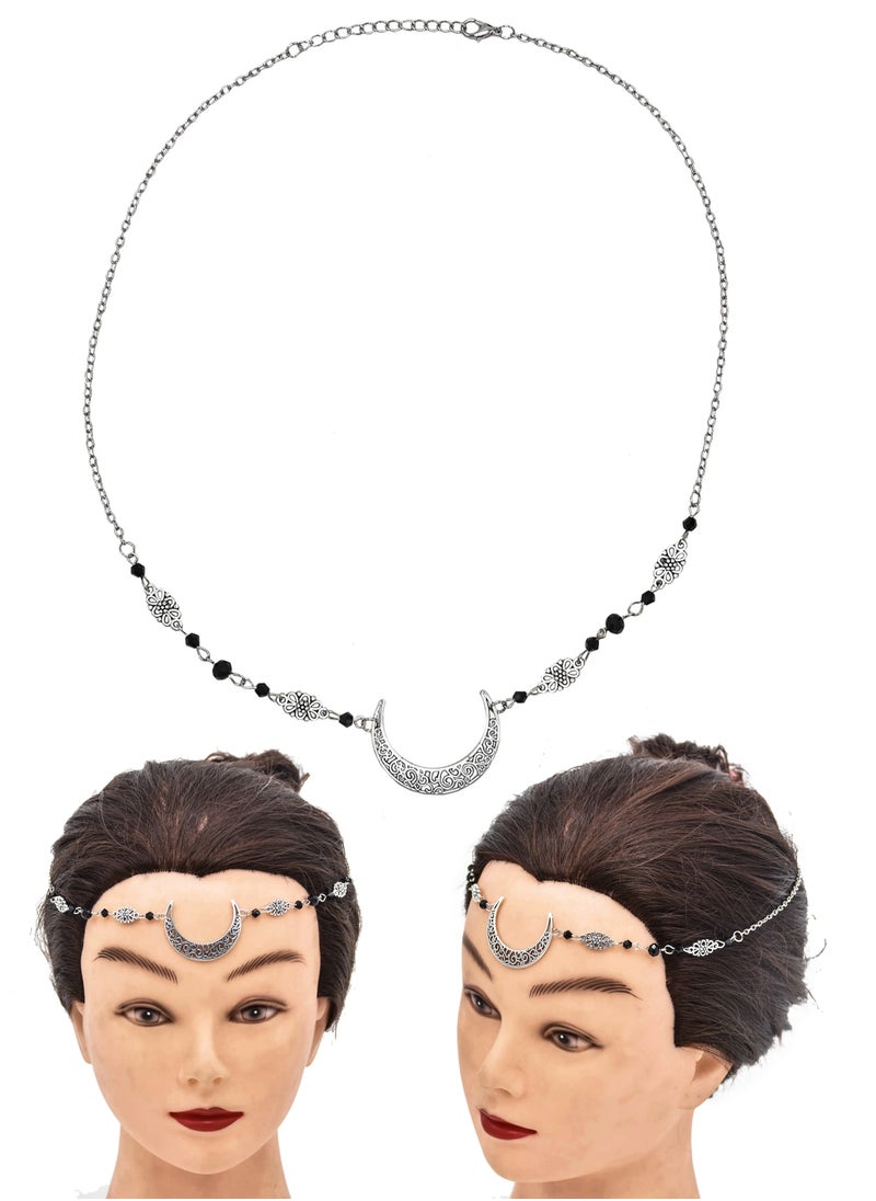 Estelle Moon Pattern Head Chain with Beads Versatile Hair Jewelry for Women Adjustable as Headband or Necklace Ideal for Parties Weddings and Casual Wear Elegant Silver  Black Crystal Droplets Design  - Image 2