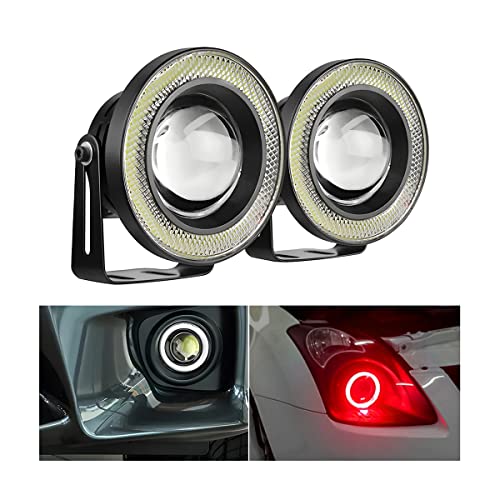 AICEL 2PCS Car Angel Eye Fog Light Round COB LED Lamp High Power Bright with White Halo Angel Eye Rings Headlight Universal Daytime Running Light DRL Car Driving Bulbs Projector Red - Image 1
