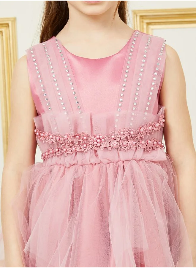 Styli Embellished Front Beaded Detail Mesh Dress