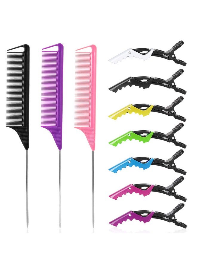 Kunihiko Rat Tail Combs And Hair Clips 3Pcs Rat Tail Combs，Parting Comb For Braids Metal Long Steel Pin Rat Tail Teasing Combs And 7Pcs Alligator Styling Sectioning Clips Of Professional Hair Salon Quality - Image 1