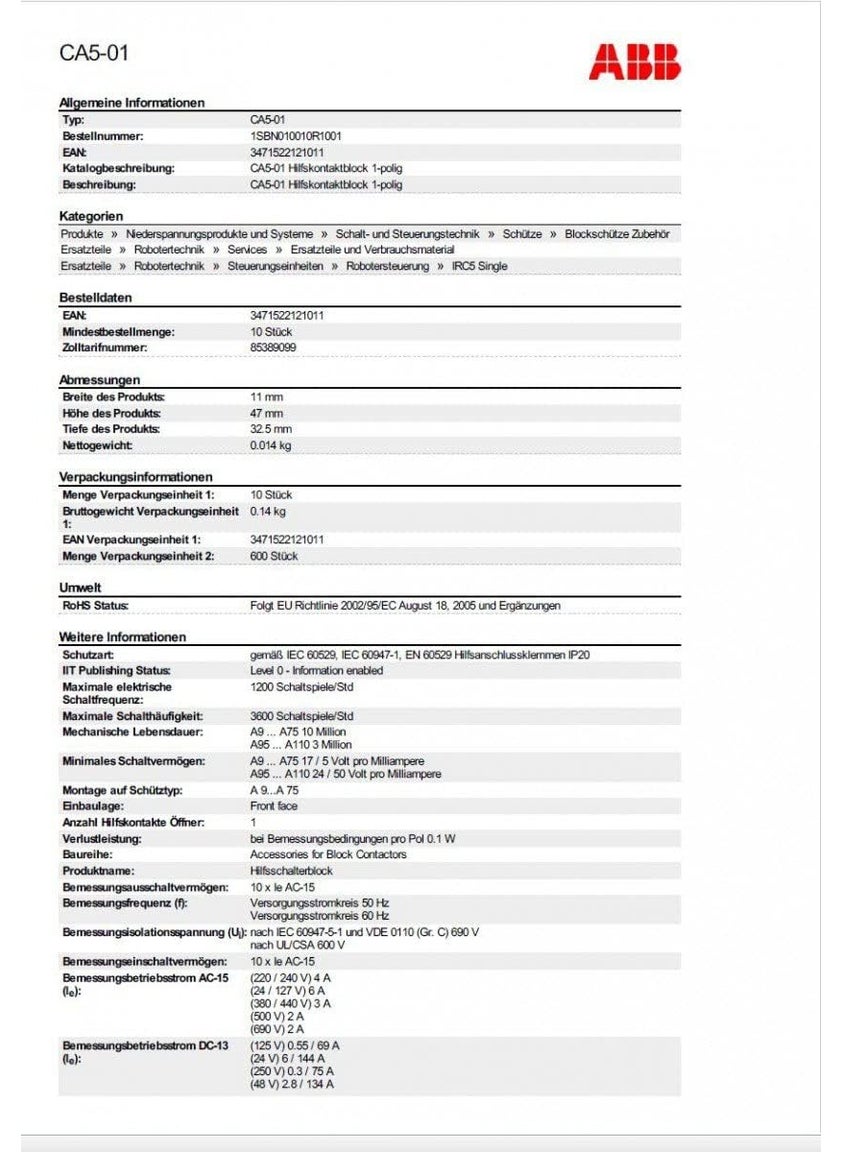 ABB Abbentrelec CA501 CA501 Front  Block Contact 1 NC  - Image 2