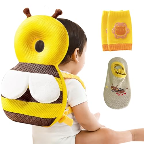YumSur Baby Head ProtectorInfant Fall Protection Baby Head Protector Cushion Backpack with Baby Knee Pads Anti Slip Socks for Walking Crawling Yellow Bees - Image 1