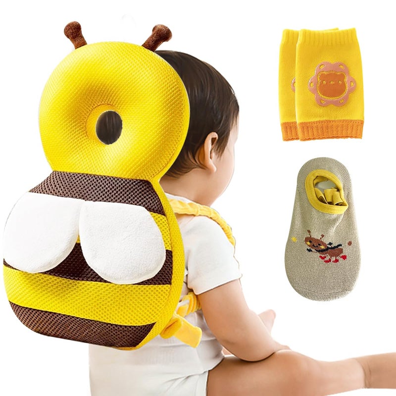 YumSur Baby Head ProtectorInfant Fall Protection Baby Head Protector Cushion Backpack with Baby Knee Pads Anti Slip Socks for Walking Crawling Yellow Bees - Image 2