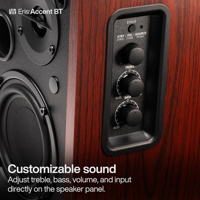 PreSonus Eris Accent BT 60W Powered Bookshelf Bluetooth Speakers â€“ Studio Monitors for Turntable, Home, 4" Woofer, Silk Tweeter, USB-C, Optical, RCA, Coax, Remote, Sub Out, Wired Option, Wood Grain - Image 3