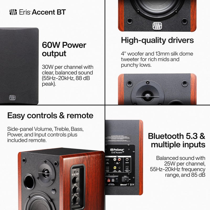 PreSonus Eris Accent BT 60W Powered Bookshelf Bluetooth Speakers â€“ Studio Monitors for Turntable, Home, 4" Woofer, Silk Tweeter, USB-C, Optical, RCA, Coax, Remote, Sub Out, Wired Option, Wood Grain - Image 5