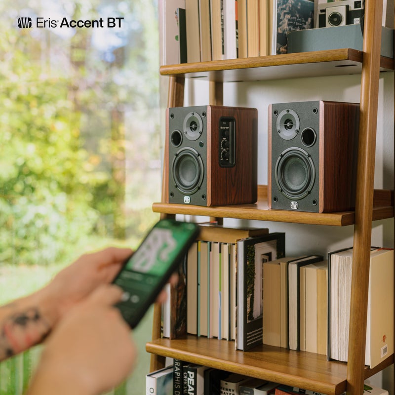 PreSonus Eris Accent BT 60W Powered Bookshelf Bluetooth Speakers â€“ Studio Monitors for Turntable, Home, 4" Woofer, Silk Tweeter, USB-C, Optical, RCA, Coax, Remote, Sub Out, Wired Option, Wood Grain - Image 2