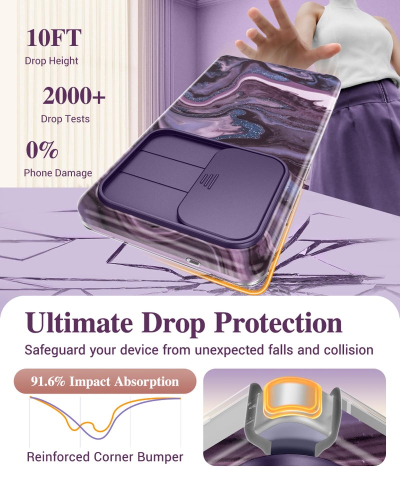 GVIEWIN for Samsung Galaxy S25 Ultra Case, [Slide Camera Cover & Built-in HD Screen Protector] [2 Front Frames] Shockproof Military Grade Protective Marble Phone Case 6.9" (Quicksand/Purple) - Image 4
