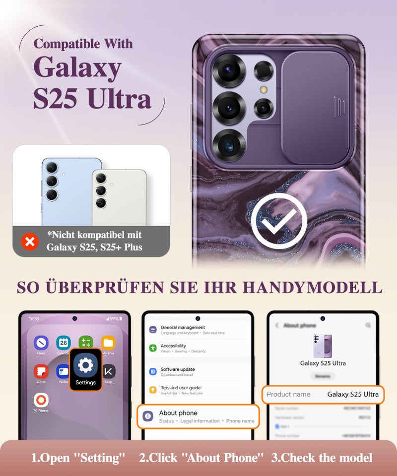 GVIEWIN for Samsung Galaxy S25 Ultra Case, [Slide Camera Cover & Built-in HD Screen Protector] [2 Front Frames] Shockproof Military Grade Protective Marble Phone Case 6.9" (Quicksand/Purple) - Image 2