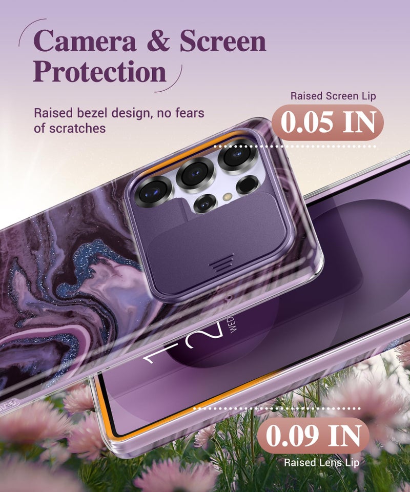 GVIEWIN for Samsung Galaxy S25 Ultra Case, [Slide Camera Cover & Built-in HD Screen Protector] [2 Front Frames] Shockproof Military Grade Protective Marble Phone Case 6.9" (Quicksand/Purple) - Image 5