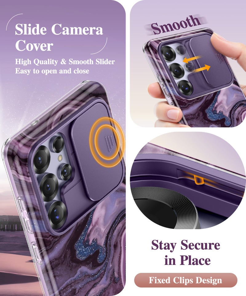 GVIEWIN for Samsung Galaxy S25 Ultra Case, [Slide Camera Cover & Built-in HD Screen Protector] [2 Front Frames] Shockproof Military Grade Protective Marble Phone Case 6.9" (Quicksand/Purple) - Image 3