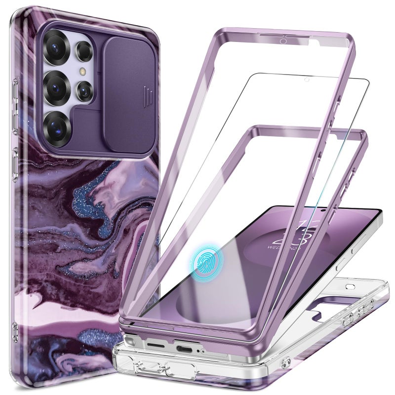 GVIEWIN for Samsung Galaxy S25 Ultra Case, [Slide Camera Cover & Built-in HD Screen Protector] [2 Front Frames] Shockproof Military Grade Protective Marble Phone Case 6.9" (Quicksand/Purple) - Image 1