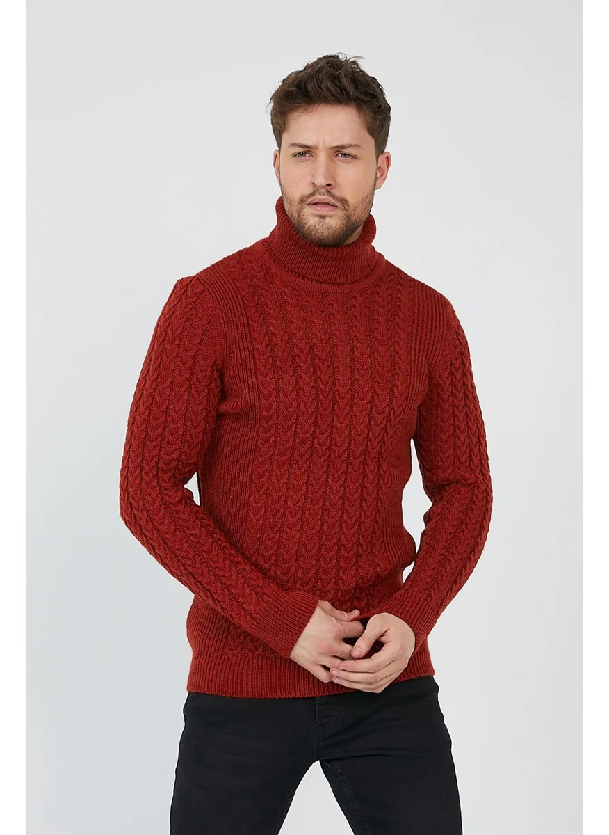 Cool Tarz Cool Style Red Men's Knitted Patterned Turtleneck Sweater-TRZ8146R01S