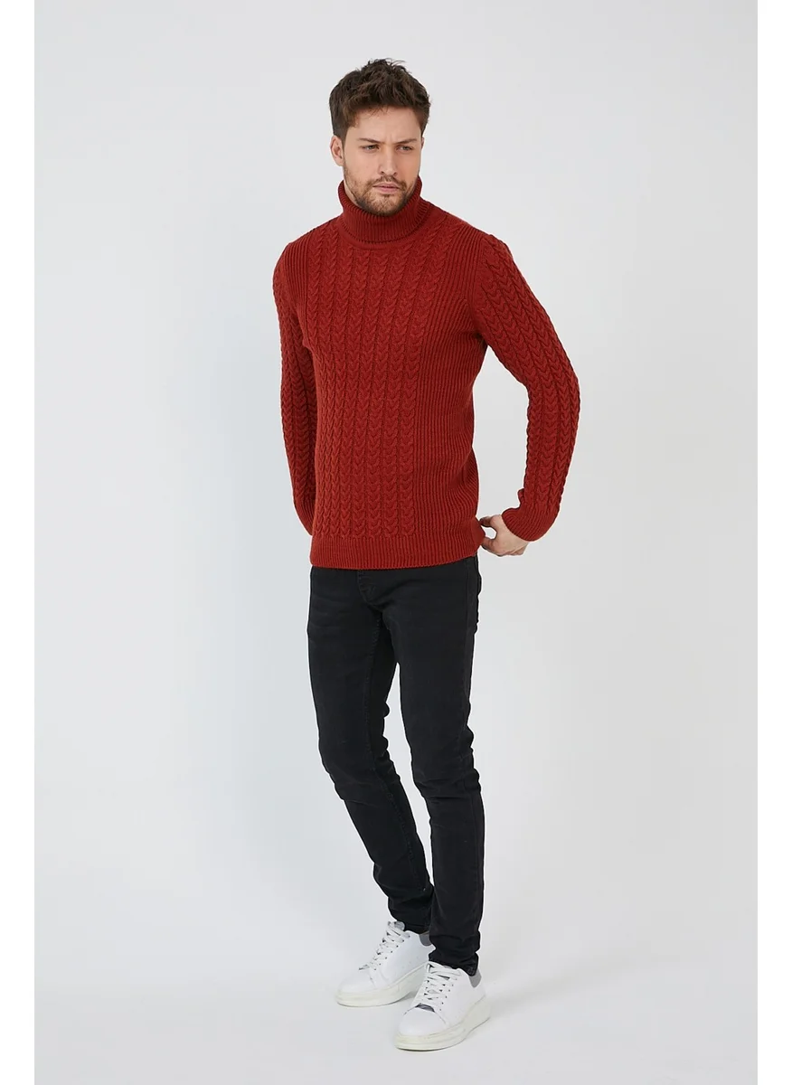 Cool Tarz Cool Style Red Men's Knitted Patterned Turtleneck Sweater-TRZ8146R01S