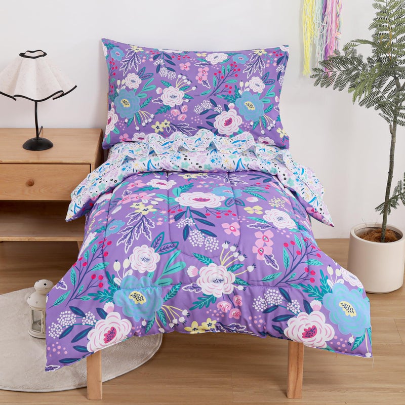 Mooreeke 4 Pieces Toddler Bedding Set - Purple Floral Toddler Comforter Sets for Girls, Includes Comforter, Flat Sheet, Fitted Sheet and Pillowcase, Bed in A Bag for Baby Bedroom - Image 1
