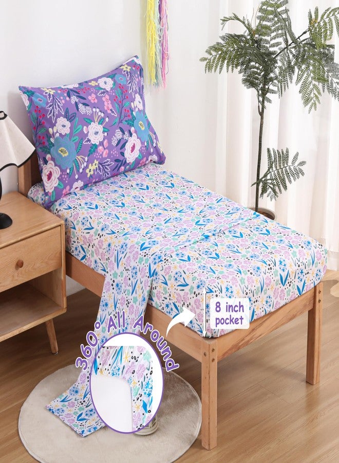 Mooreeke 4 Pieces Toddler Bedding Set - Purple Floral Toddler Comforter Sets for Girls, Includes Comforter, Flat Sheet, Fitted Sheet and Pillowcase, Bed in A Bag for Baby Bedroom - Image 4