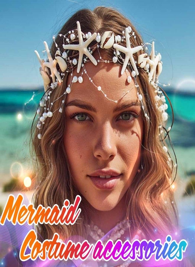 يونيكرا طوق رأس يونيكرا على شكل نجم البحر، مزين باللؤلؤ، مناسب للعروس، مزين بزينة شعر من الصدف، إكسسوارات شعر للشاطئ للنساء والفتيات (أبيض وبني، مقاس حر). - Image 4