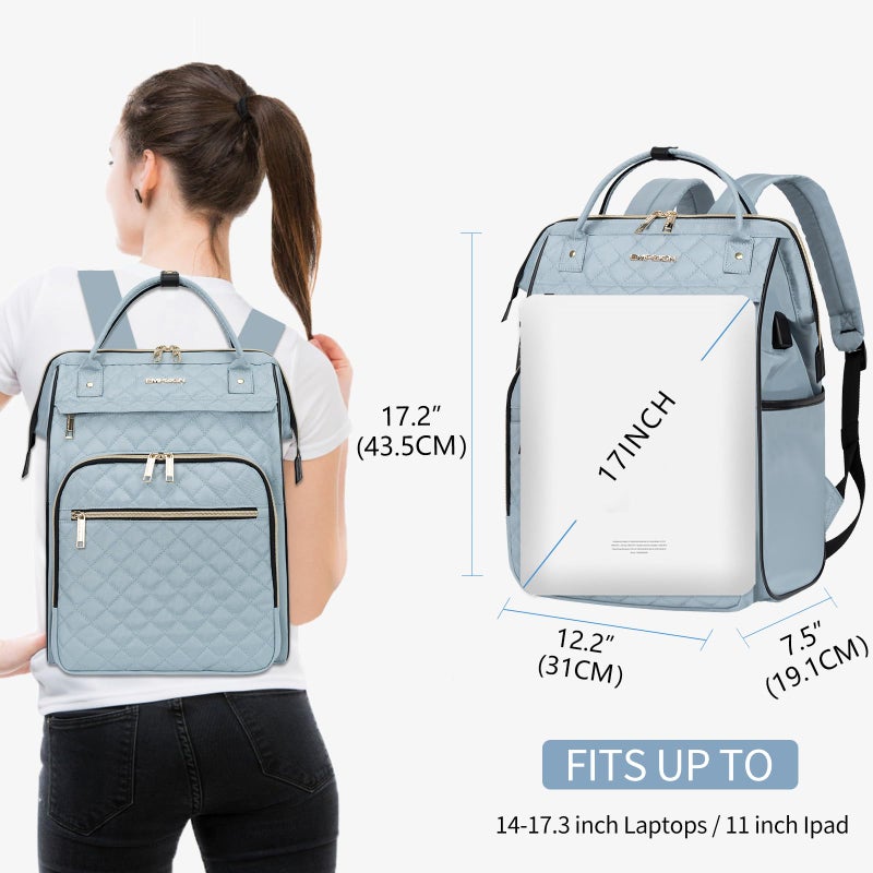 EMPSIGN 17 Inch Laptop Backpack for Women, Work Business Travel Computer College Bags, Large Capacity Water-repellent Quilted Casual Daypack with USB Port, Light Blue - Image 2