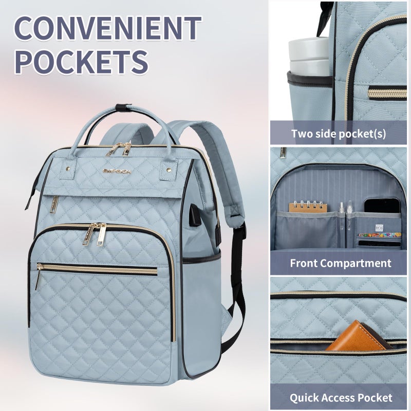 EMPSIGN 17 Inch Laptop Backpack for Women, Work Business Travel Computer College Bags, Large Capacity Water-repellent Quilted Casual Daypack with USB Port, Light Blue - Image 4