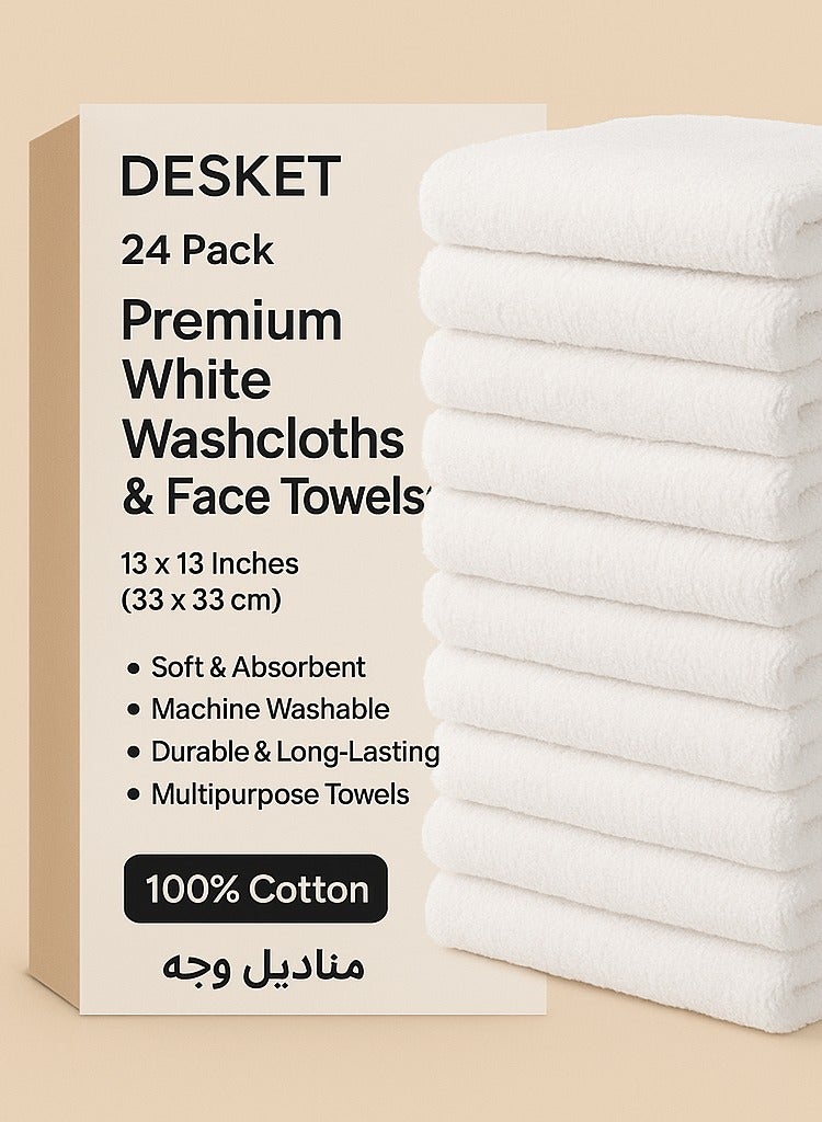 DESKET 24 Pack Premium White Washcloths & Face Towels – 13x13 Inches (33x33 cm) – 100% Cotton, Soft & Absorbent, Multipurpose Towel Set for Bathroom, Gym, Spa & Hotel - Image 3