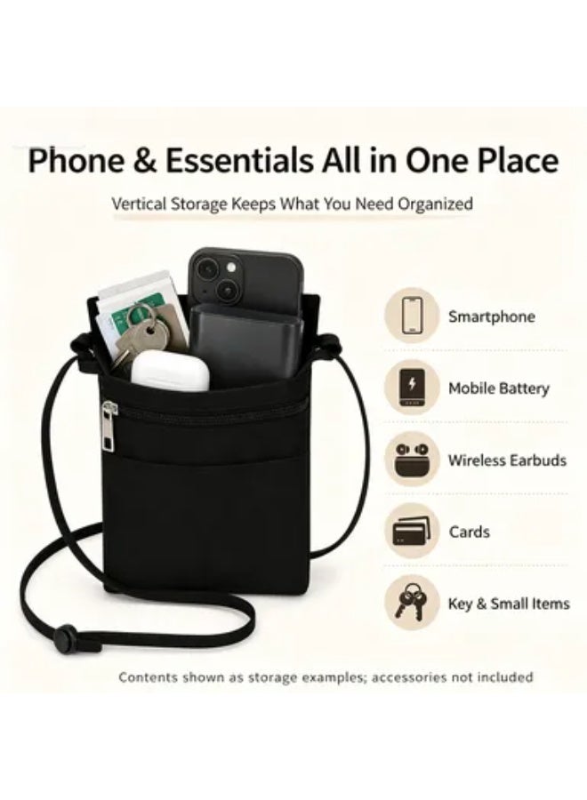 Mini Black Canvas Crossbody Phone Bag, Lightweight Small Cell Phone Shoulder Pouch with Adjustable Strap, Multi‑Pocket Zipper Purse for Cards Keys Earphones, Portable Daily Travel Casual Cross‑Body Bag for Men Women - Image 5
