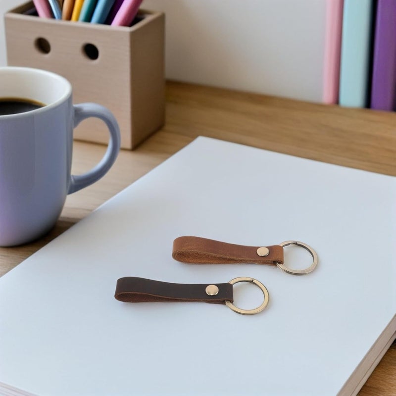 4pcs Pu Leather Keychains Car Key Holder for Men and Women Metal Key Fob with Hand Wrist Lanyard in Light and Dark Brown for Automotive Use - Image 5