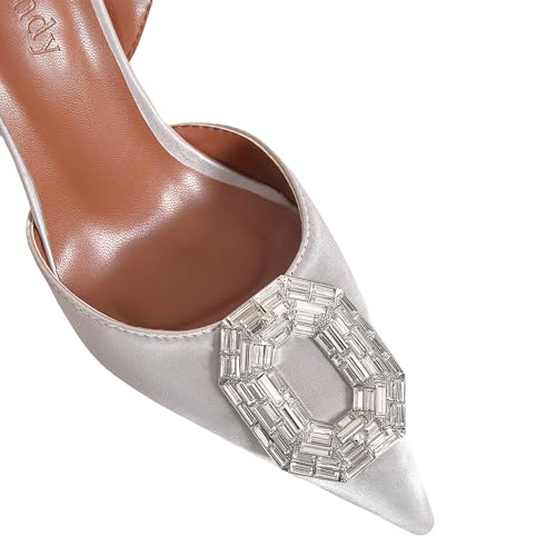 Vertundy Women's Silver Slingback Heels Rhinestone Pumps Pointed Toe Satin Crystal Stiletto High Heeled Sandals Party Wedding Bride Pump Dress Shoes - Image 3