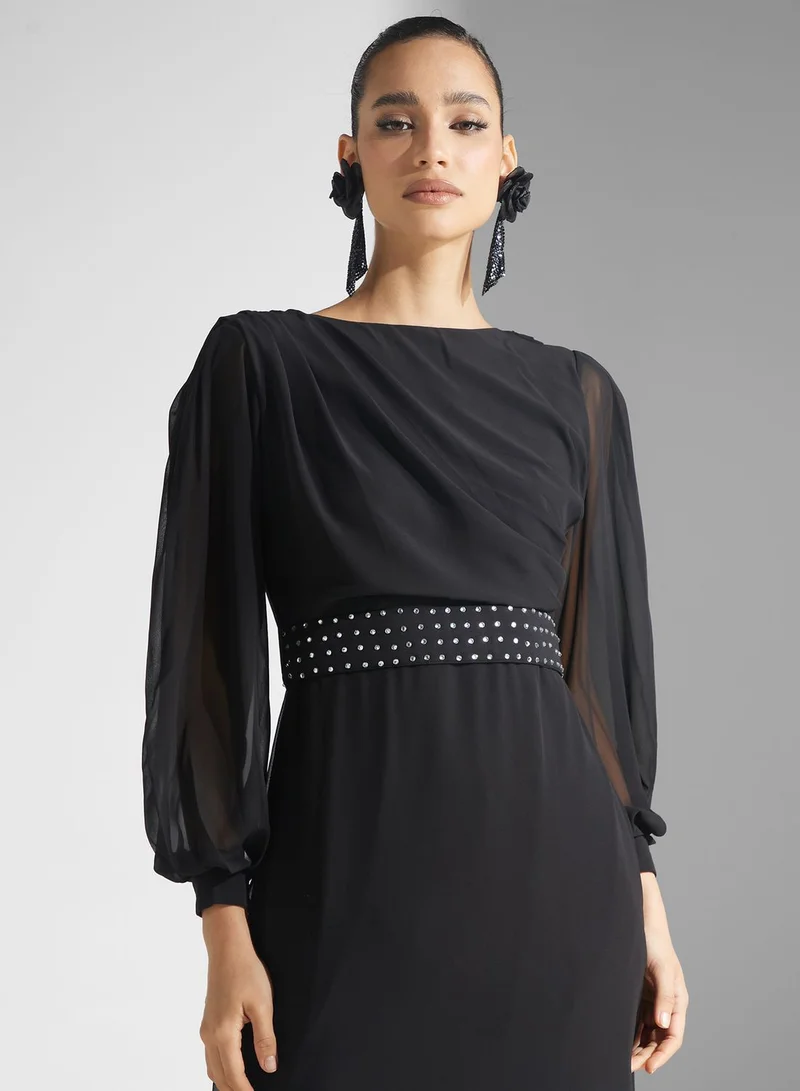 Golden Apple Puff Sleeve Belted Dress