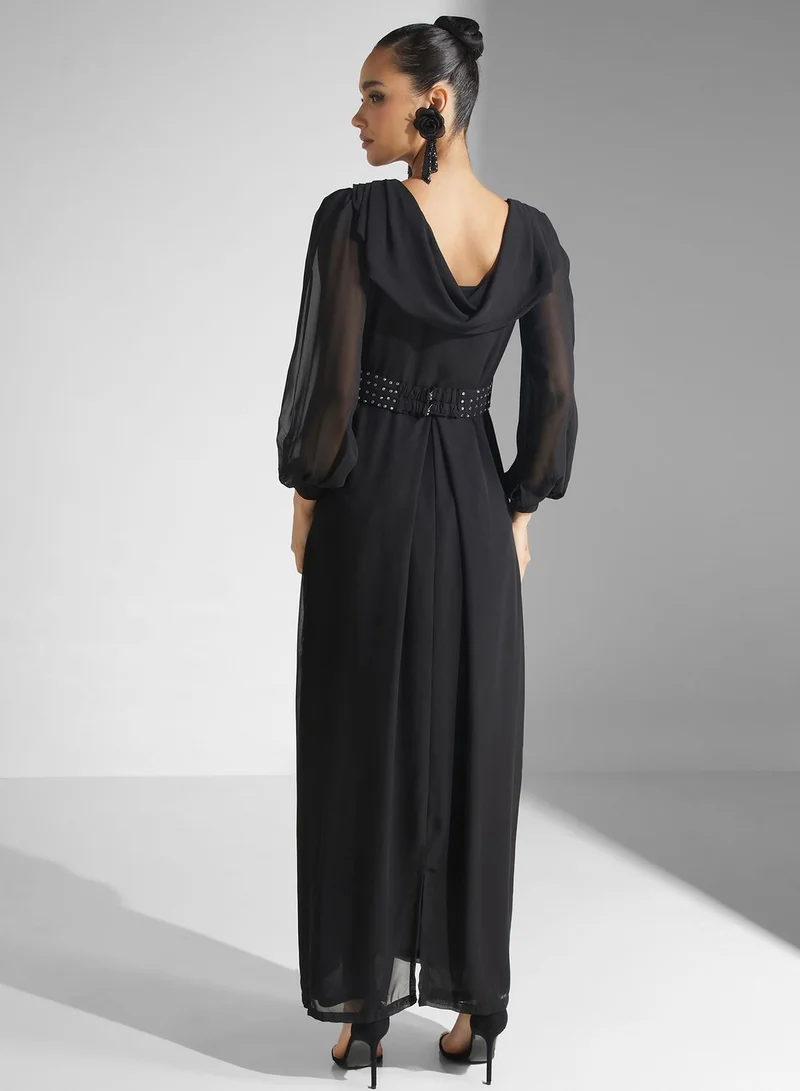 Golden Apple Puff Sleeve Belted Dress