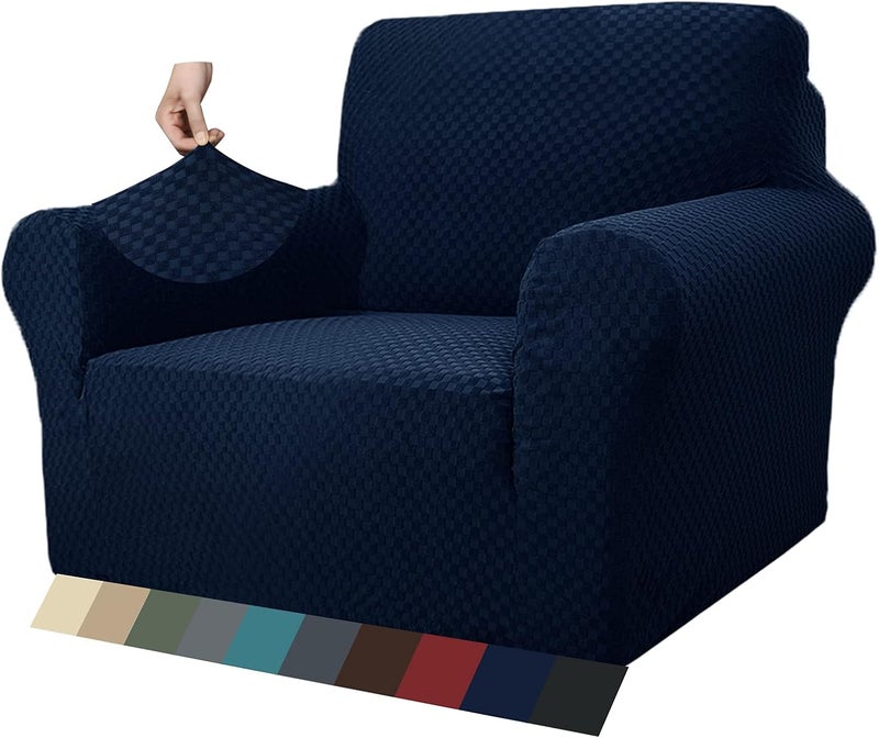 MAXIJIN Jacquard Chair Cover for Living Room, Non Slip Super Stretch Armchair Covers with Arms, 1 Piece Sofa Cover for Dogs (1 Seater, Navy Blue) - Image 1