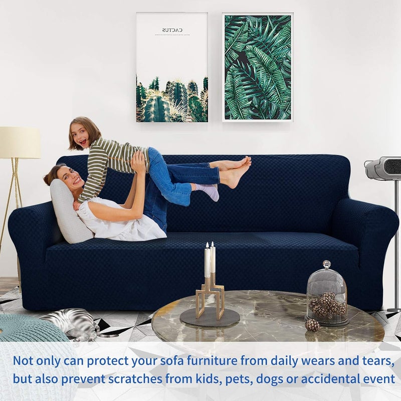 MAXIJIN Jacquard Chair Cover for Living Room, Non Slip Super Stretch Armchair Covers with Arms, 1 Piece Sofa Cover for Dogs (1 Seater, Navy Blue) - Image 2
