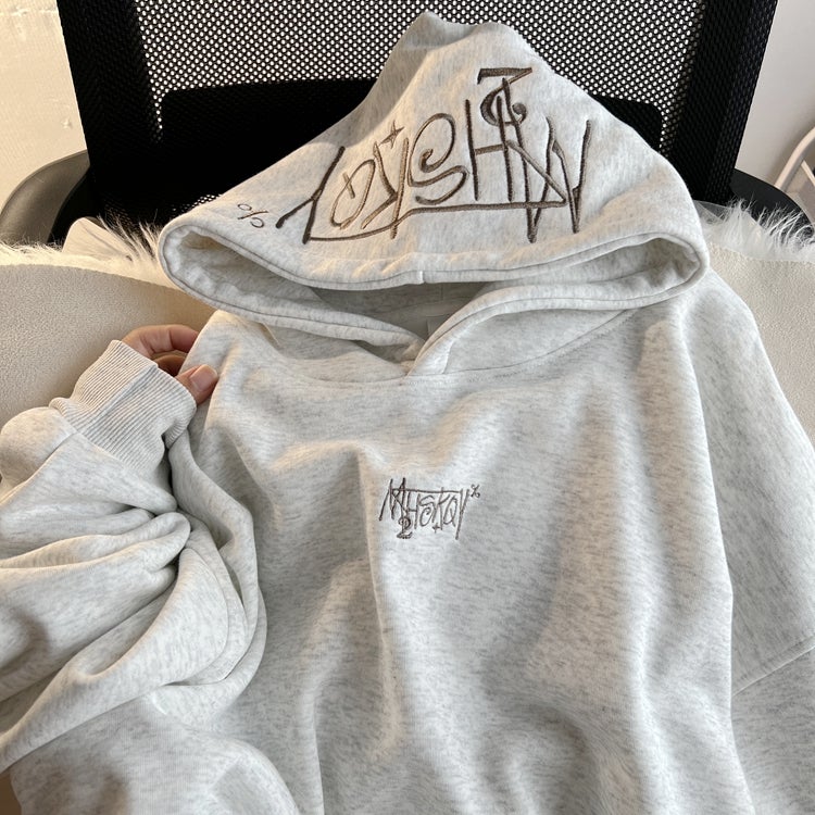 Heavy Industry Letter Embroidery ~ Hooded Sweatshirt Men'S Heavy Fleece-Lined High Street American Loose All-Match Fashion Boys - Image 4